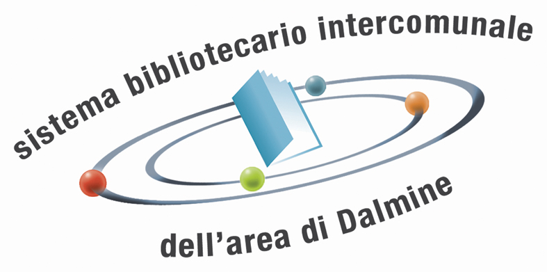 Logo del Sistema Bibliotecario area di Dalmine. Simula un modello atomico con un libro stilizzato al centro e quattro palline che ruotano su orbite circolari attorno al libro.