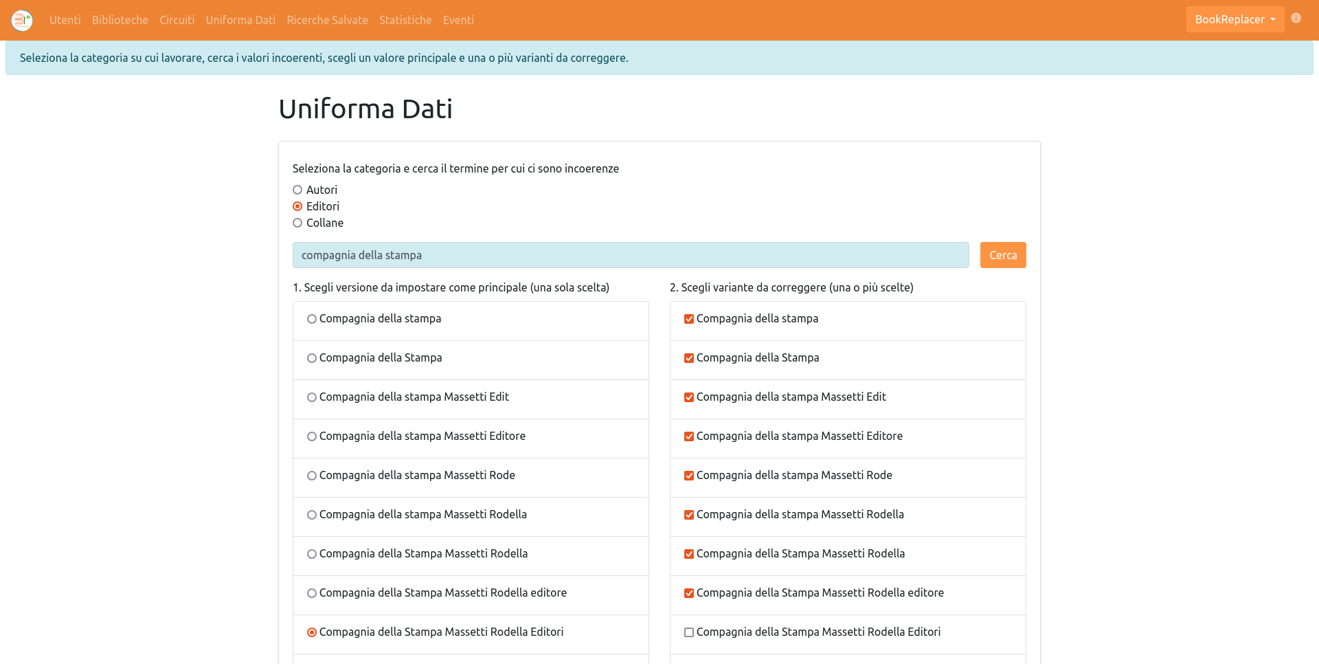 Una schermata della pagina di BOOKreplacer riservata agli amministratori che consente di uniformare i dati.