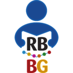Il logo della Rete Bibliotecaria Bergamasca. Dall'alto verso il basso: un omino blu stilizzato nell'atto di leggere un libro invisibile; le lettere RB di colore nero; le lettere BG di colore rosso e giallo.