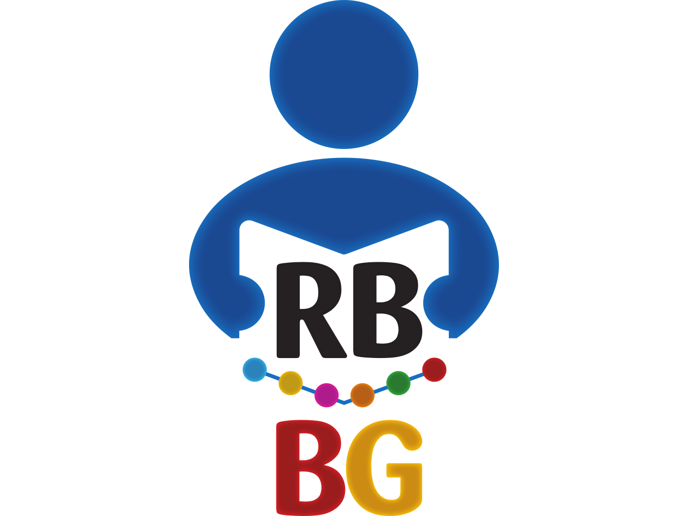 Il logo della Rete Bibliotecaria Bergamasca. Dall'alto verso il basso: un omino blu stilizzato nell'atto di leggere un libro invisibile; le lettere RB di colore nero; le lettere BG di colore rosso e giallo.