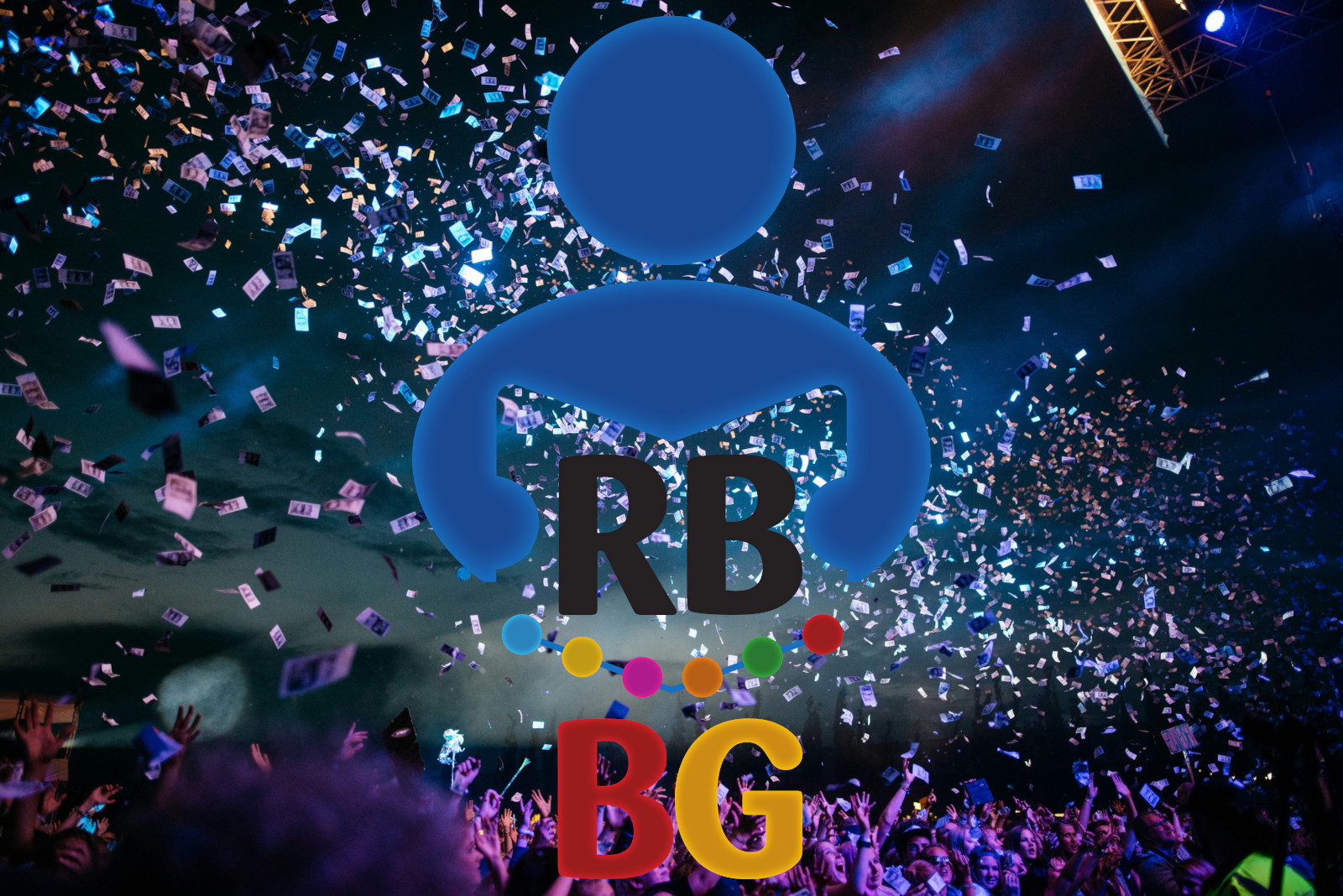 Il logo della Rete Bibliotecaria Bergamasca con lo sfondo di una fotografia di un concerto pieno di gente che lancia in aria dei foglietti colorati.