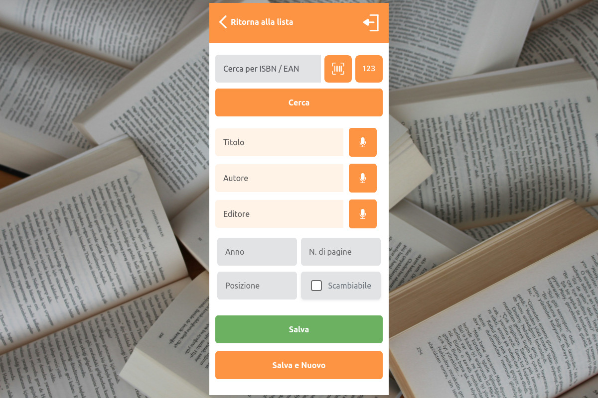 Una schermata della nuova web app di caricamento sullo sfondo di libri aperti.